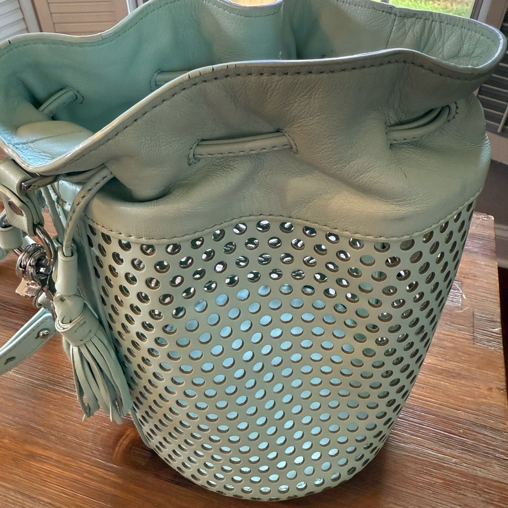 Loeffler Randall Mint Green Perforated Leather Bucket Bag